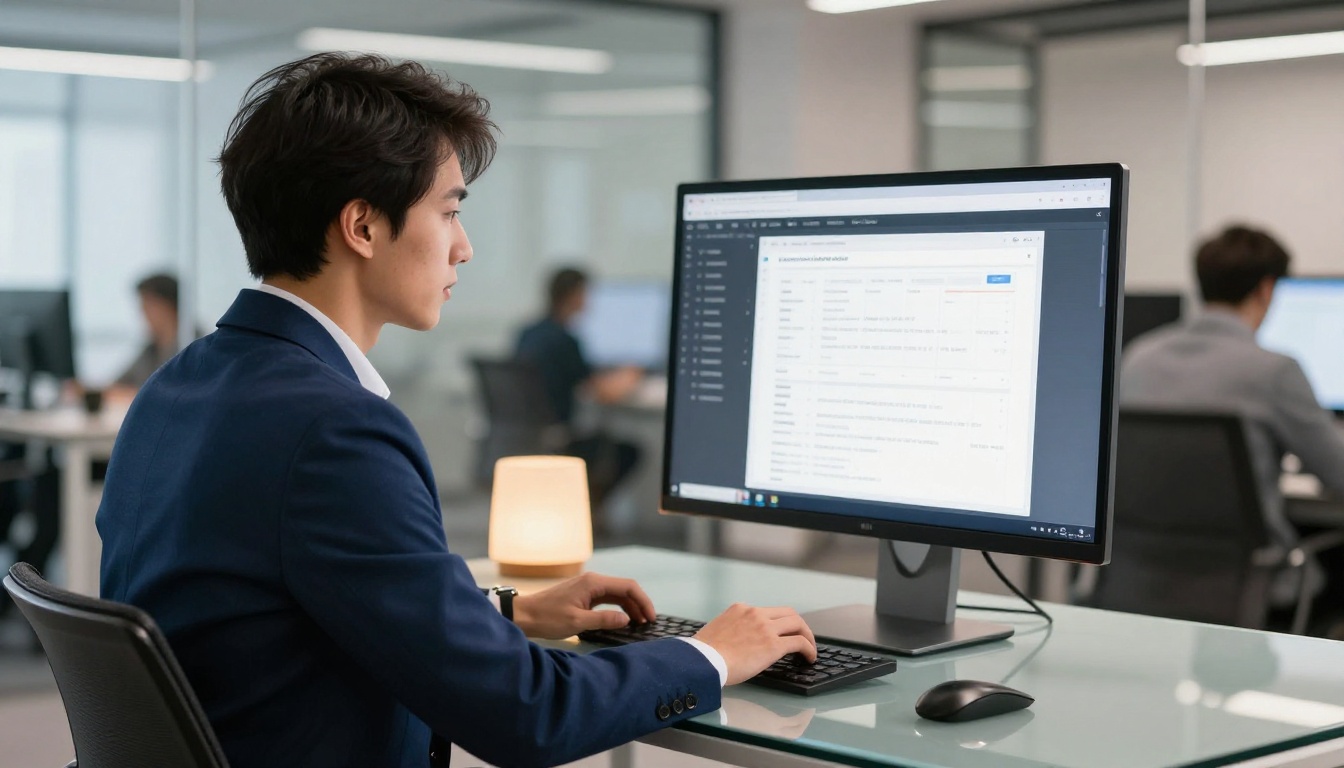Marketing professional reviewing a digital catalog on a widescreen monitor at an office desk Marketing professional reviewing a digital catalog on a widescreen monitor at an office desk
