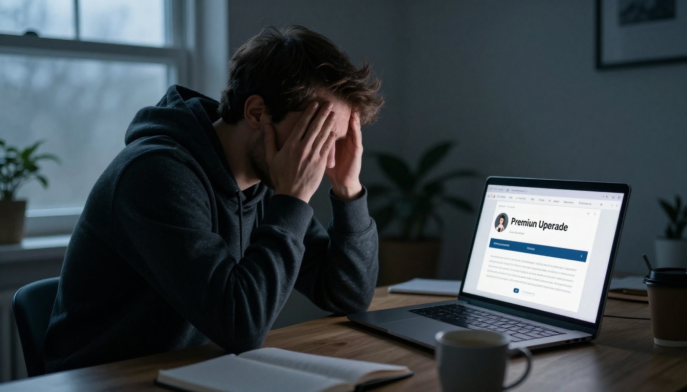 Man frustrated by a premium paywall popup blocking content on his laptop Man frustrated by a premium paywall popup blocking content on his laptop