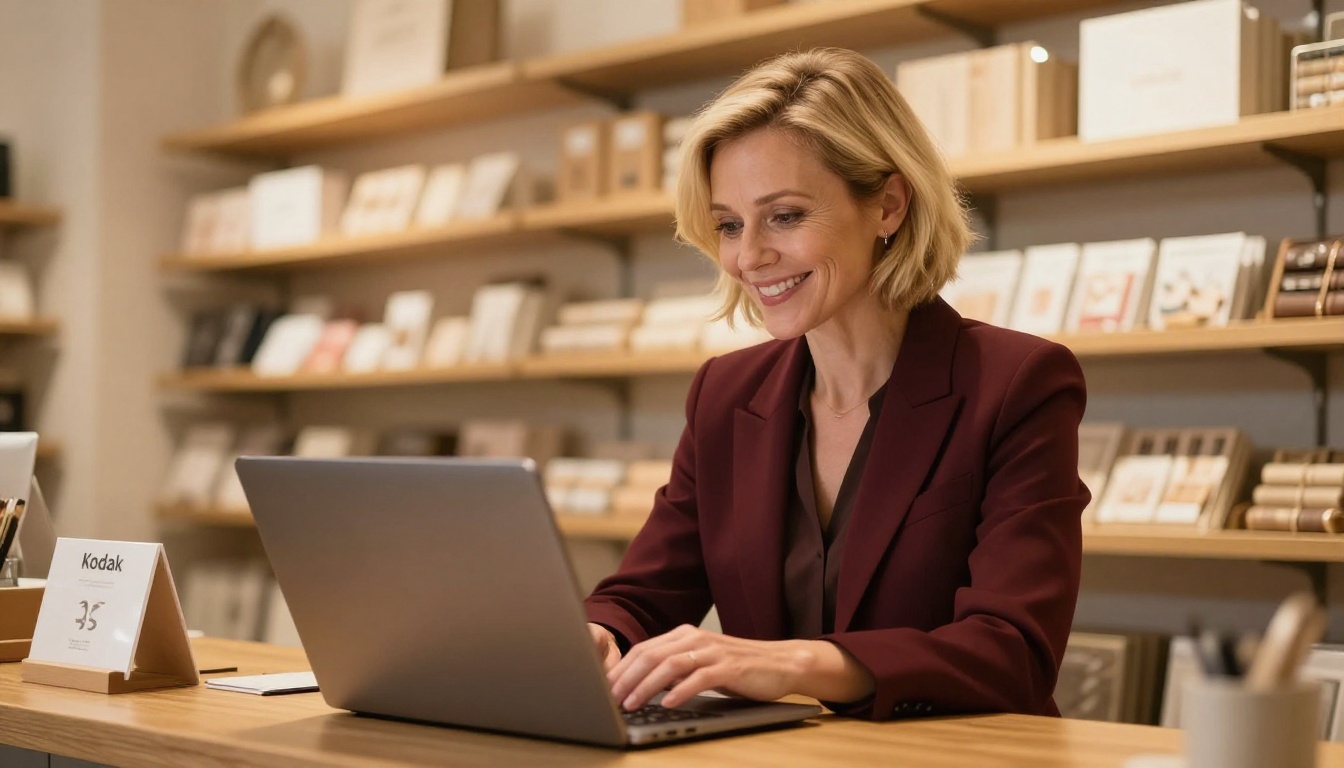 Small business owner smiling at her laptop in a warm boutique retail store Small business owner smiling at her laptop in a warm boutique retail store
