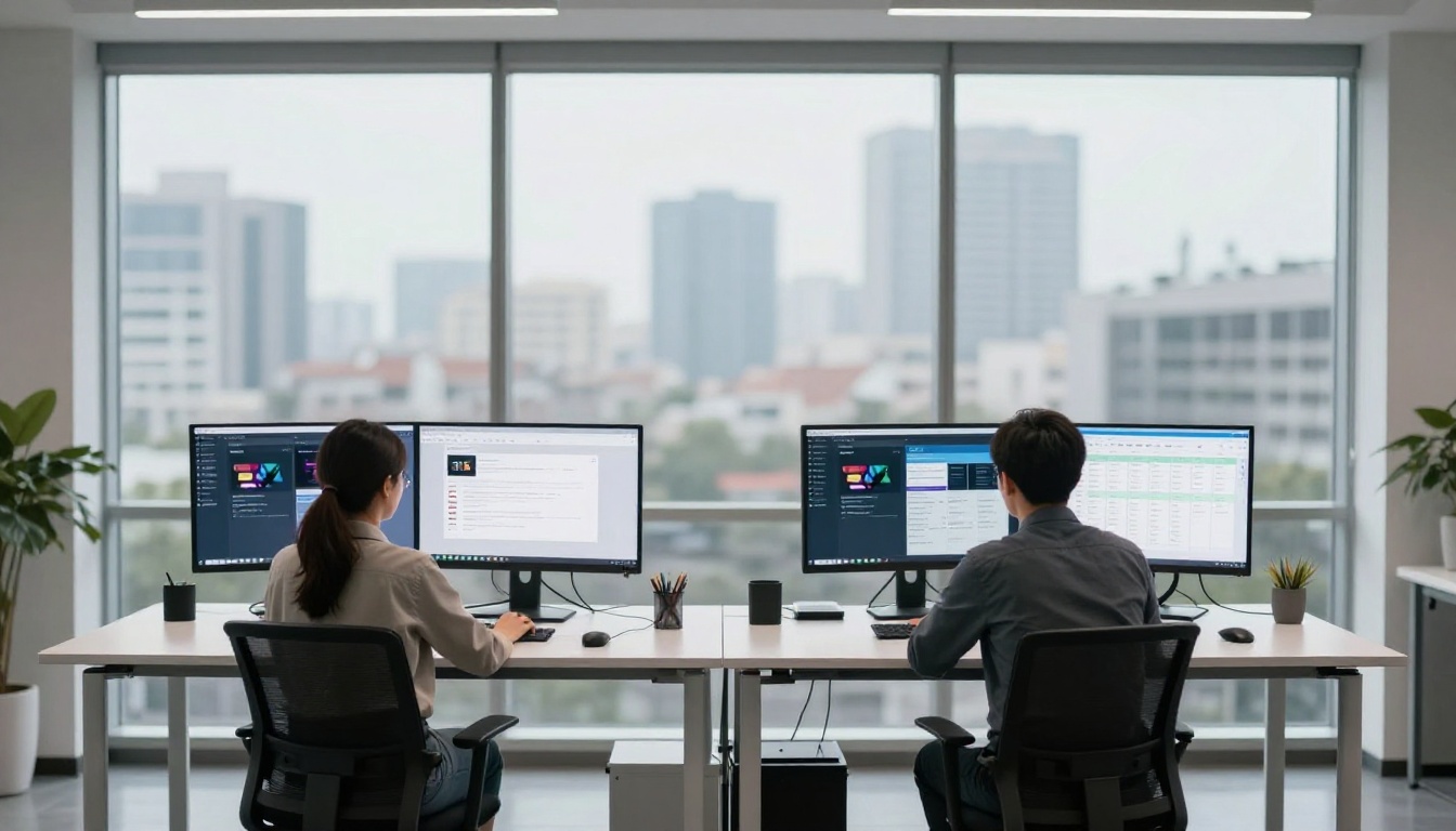 Two professionals side by side reviewing multiple flipbook platforms on dual monitors Two professionals side by side reviewing multiple flipbook platforms on dual monitors