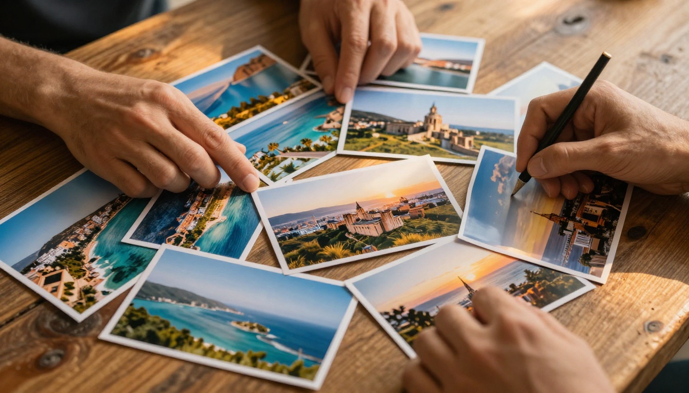 Hands spreading travel photos on a wooden table