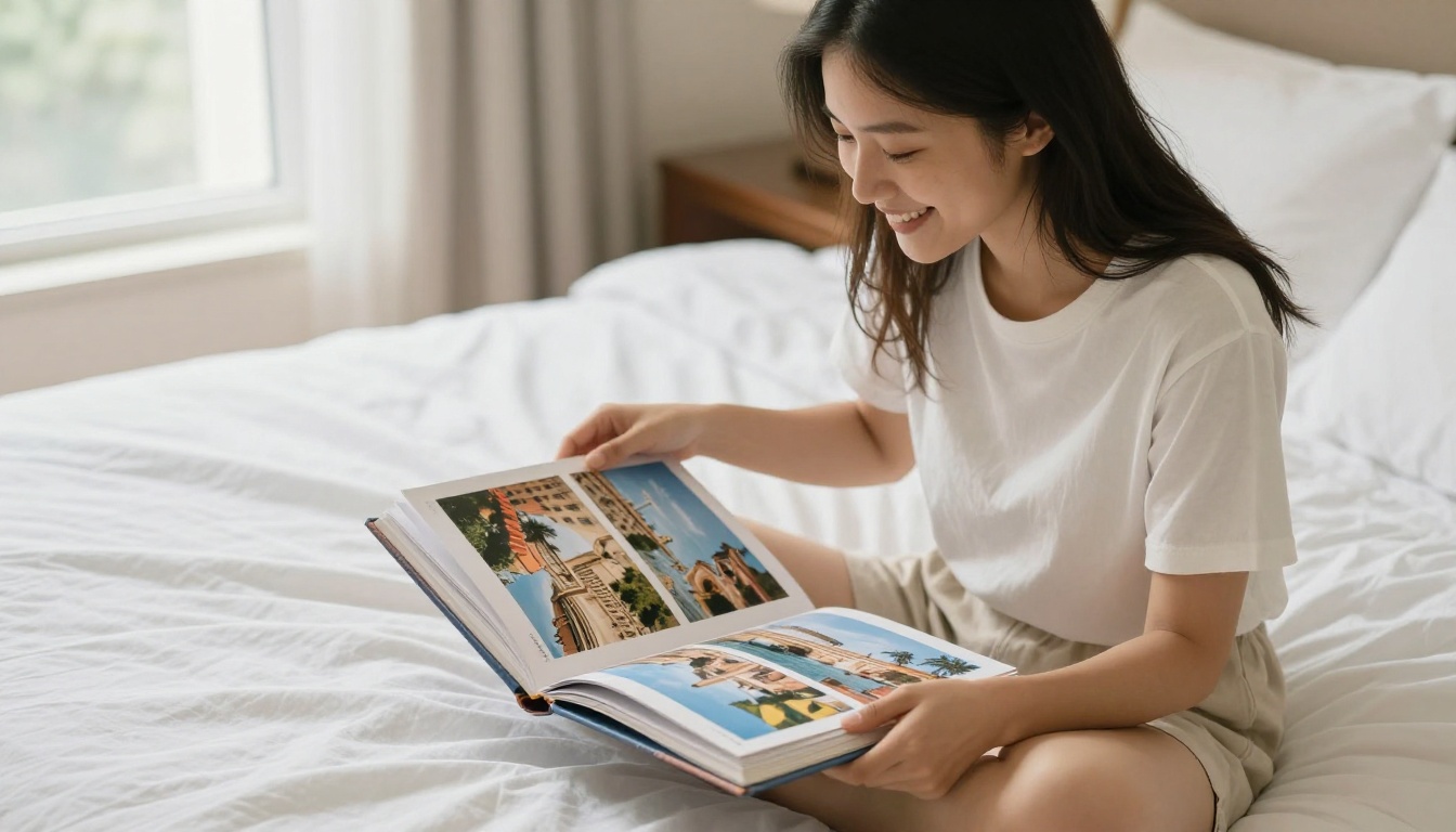 Woman reviewing travel flipbook on hotel bed