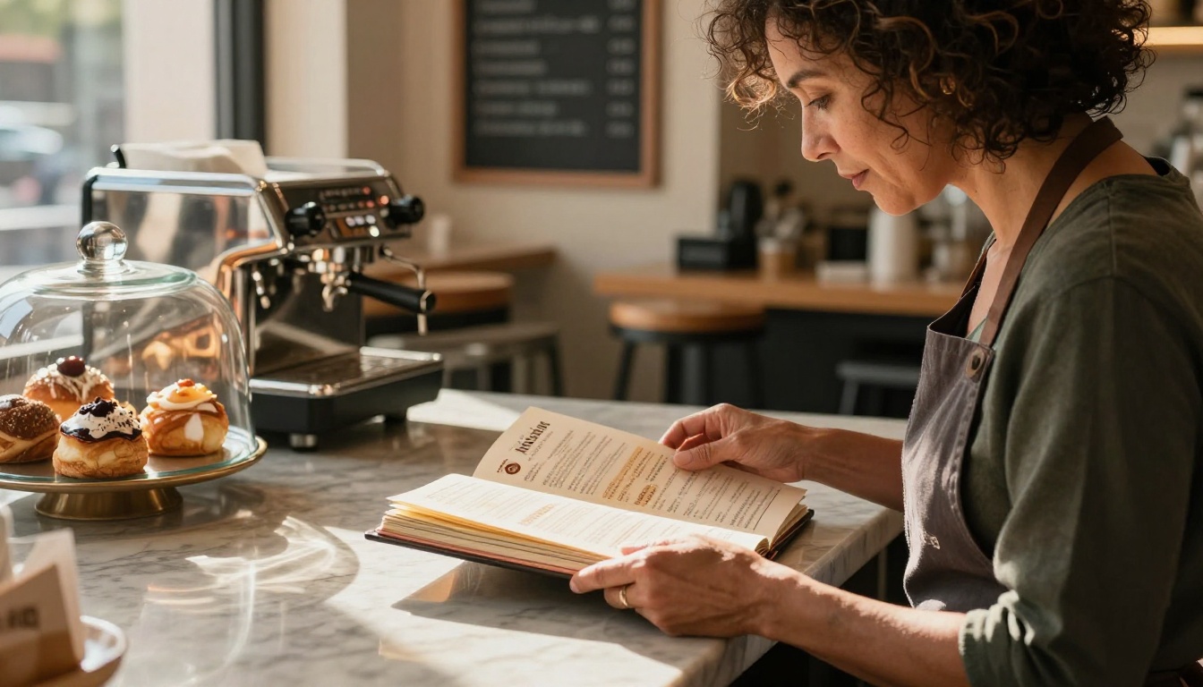 A café owner flipping through a glossy menu flipbook on a marble countertop, morning light streaming in, fresh pastries and espresso machine nearby