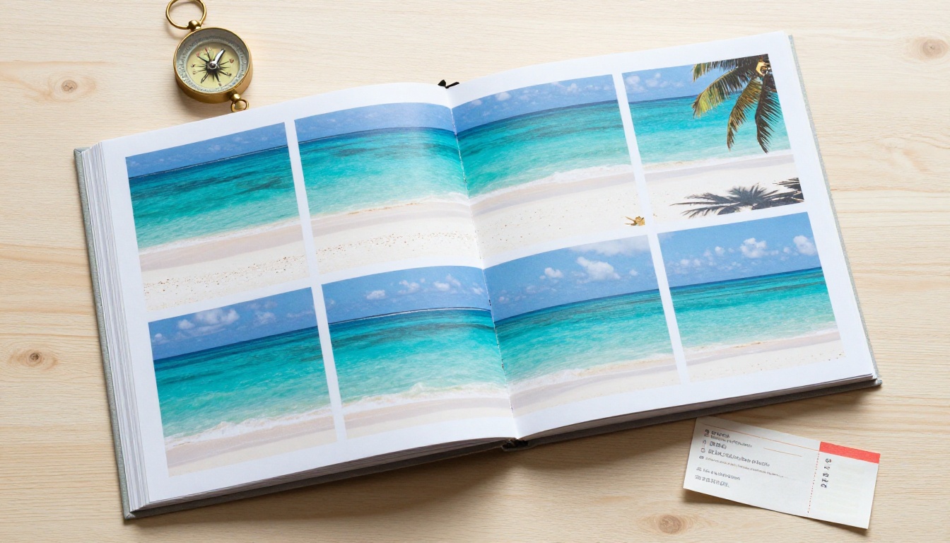 Open travel photo album with beach destination photos laid flat