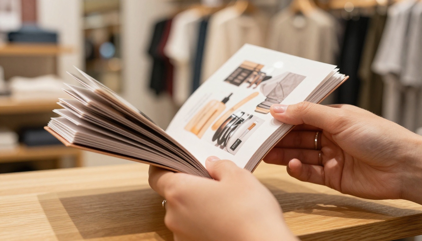 Close-up of hands holding an open product catalog flipbook on a wooden retail display table, boutique clothing store in soft bokeh background