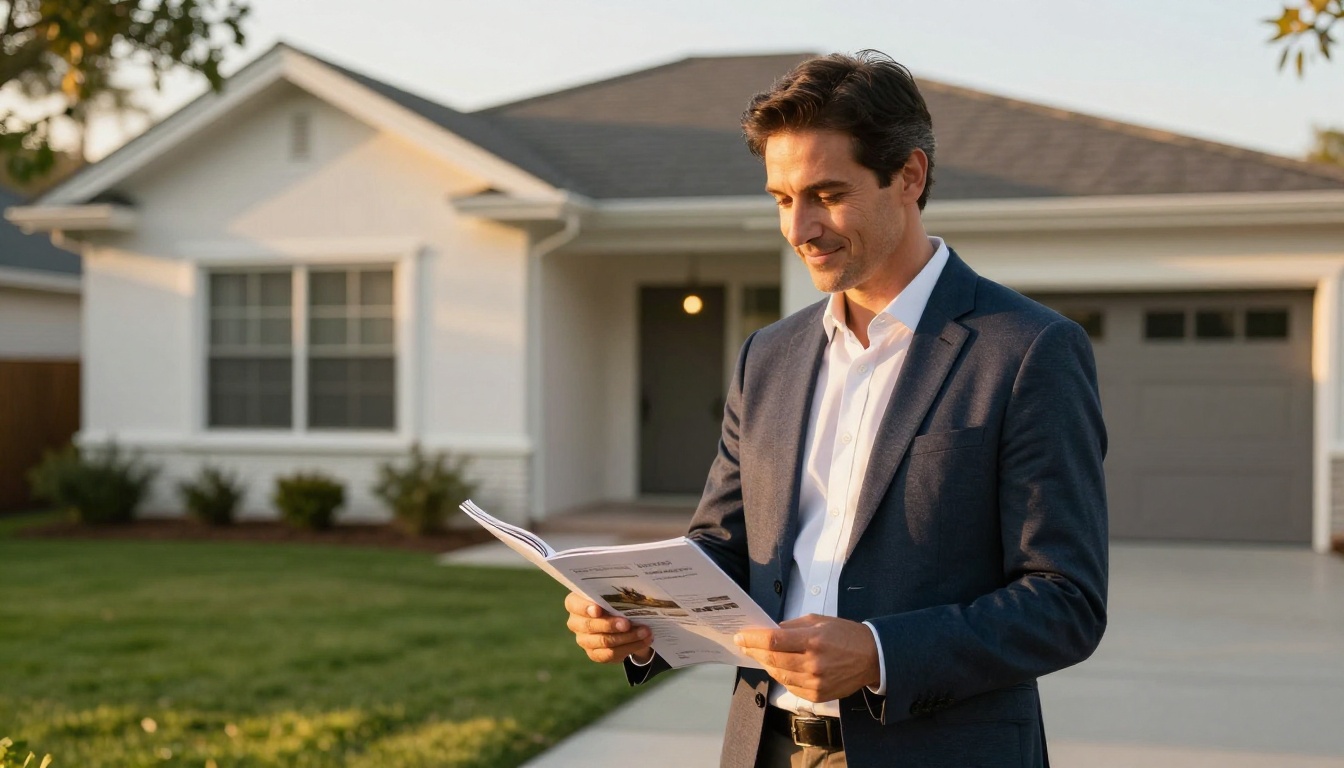 A real estate agent holding a property brochure flipbook outside a modern suburban home, golden hour afternoon light