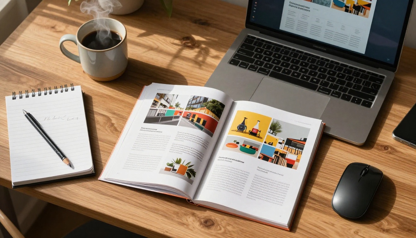 A small business owner at a desk with a laptop showing a digital flipbook interface, coffee mug and notebook nearby, warm aerial view with morning light