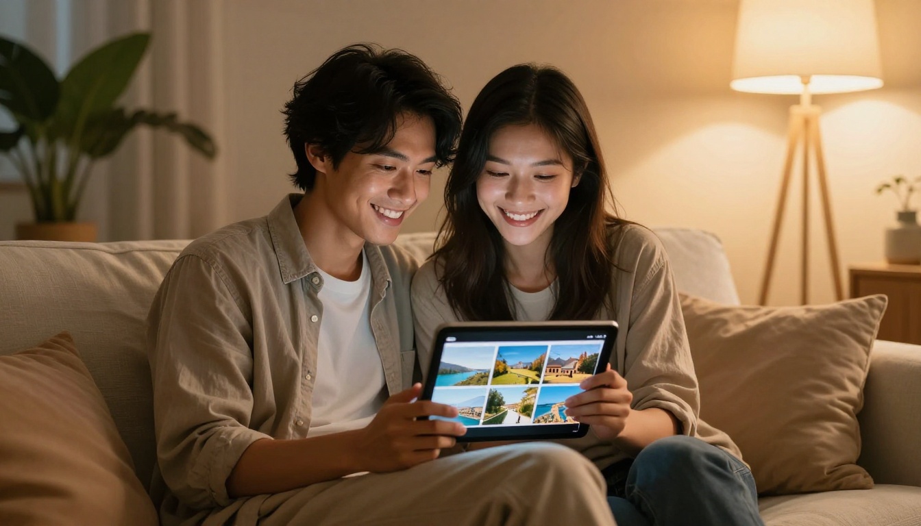 Couple sharing a travel flipbook album on a tablet together