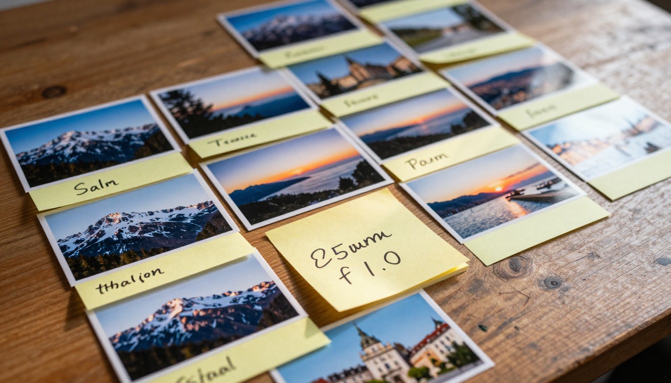 Sorted travel photos organized into piles on a wooden table