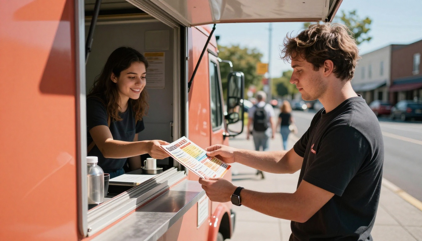 A food truck owner handing a menu flipbook to a smiling customer through the service window, urban street backdrop, bright midday light