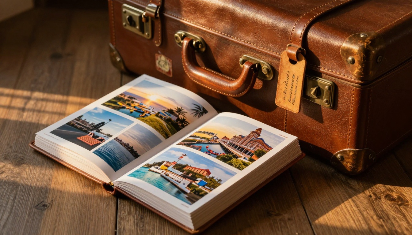 Travel flipbook resting against a vintage leather suitcase