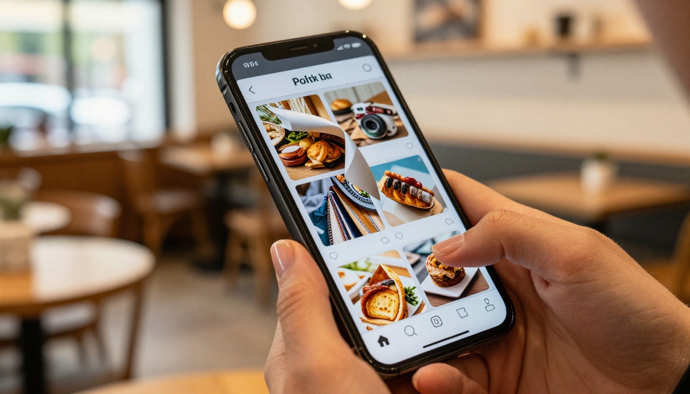 A woman's hand holding a smartphone displaying a digital flipbook with page-turn animation, soft coffee shop bokeh background