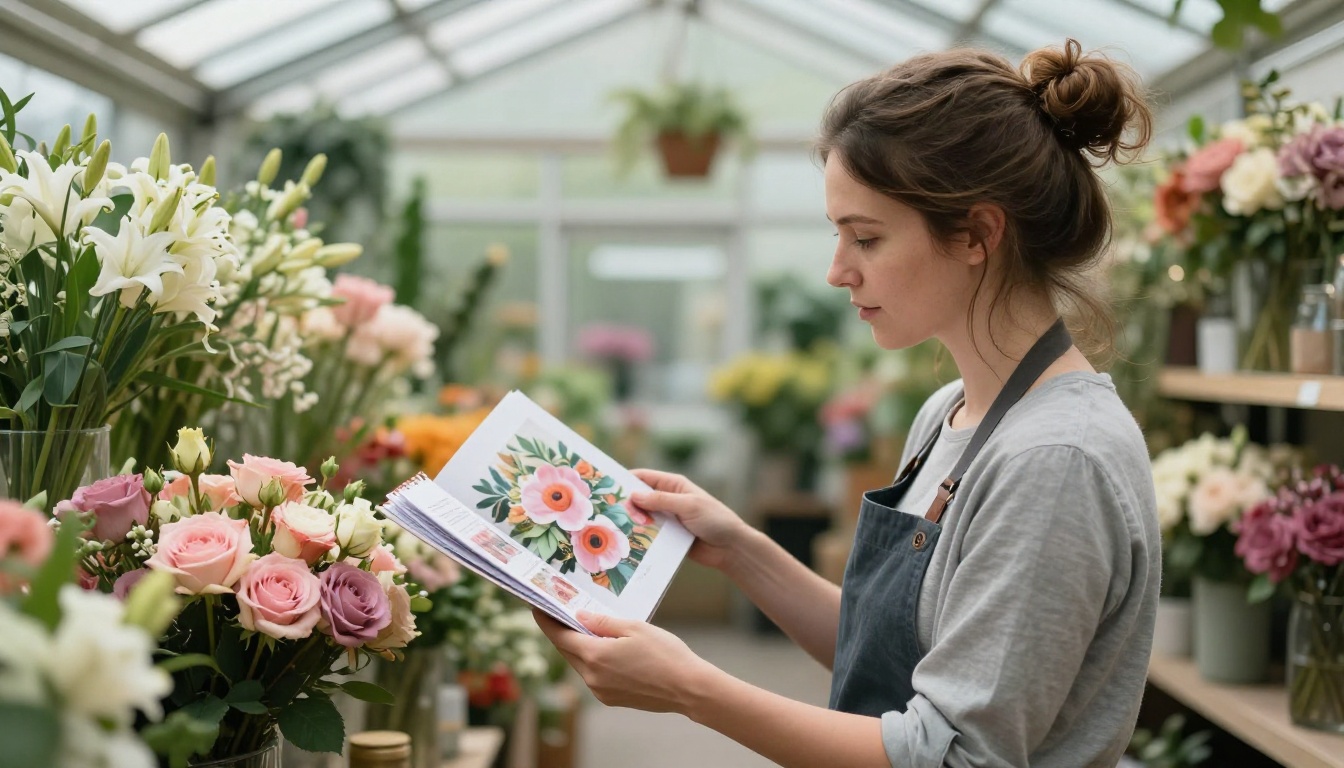 A florist holding an open seasonal catalog flipbook among colorful flower arrangements, soft diffused greenhouse daylight