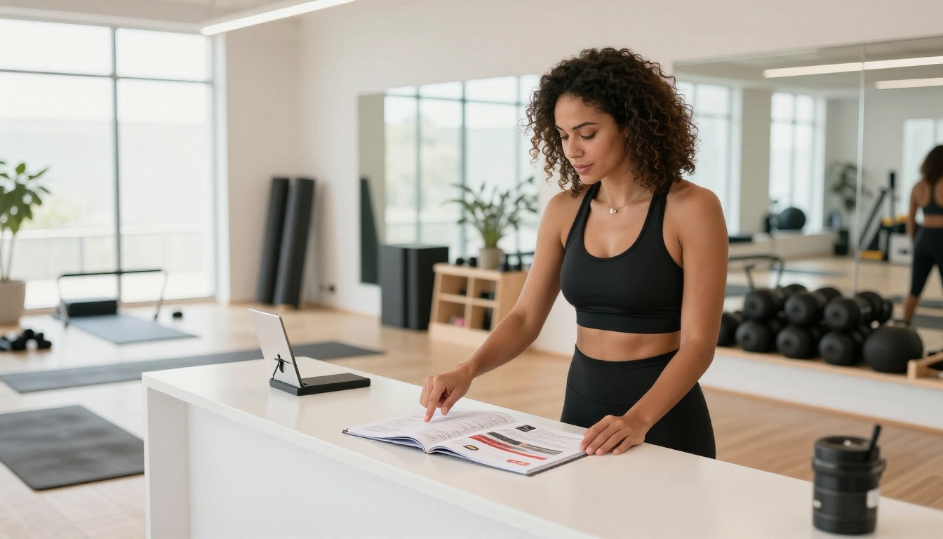 A fitness studio owner pointing to a promotional flipbook on a clean reception desk, bright yoga studio with mirrors and natural light in background