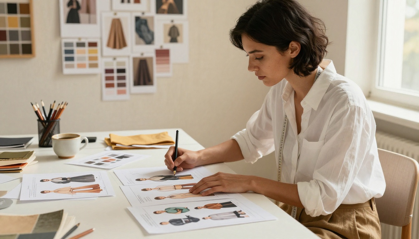 Fashion designer working on lookbook pages at a drafting table