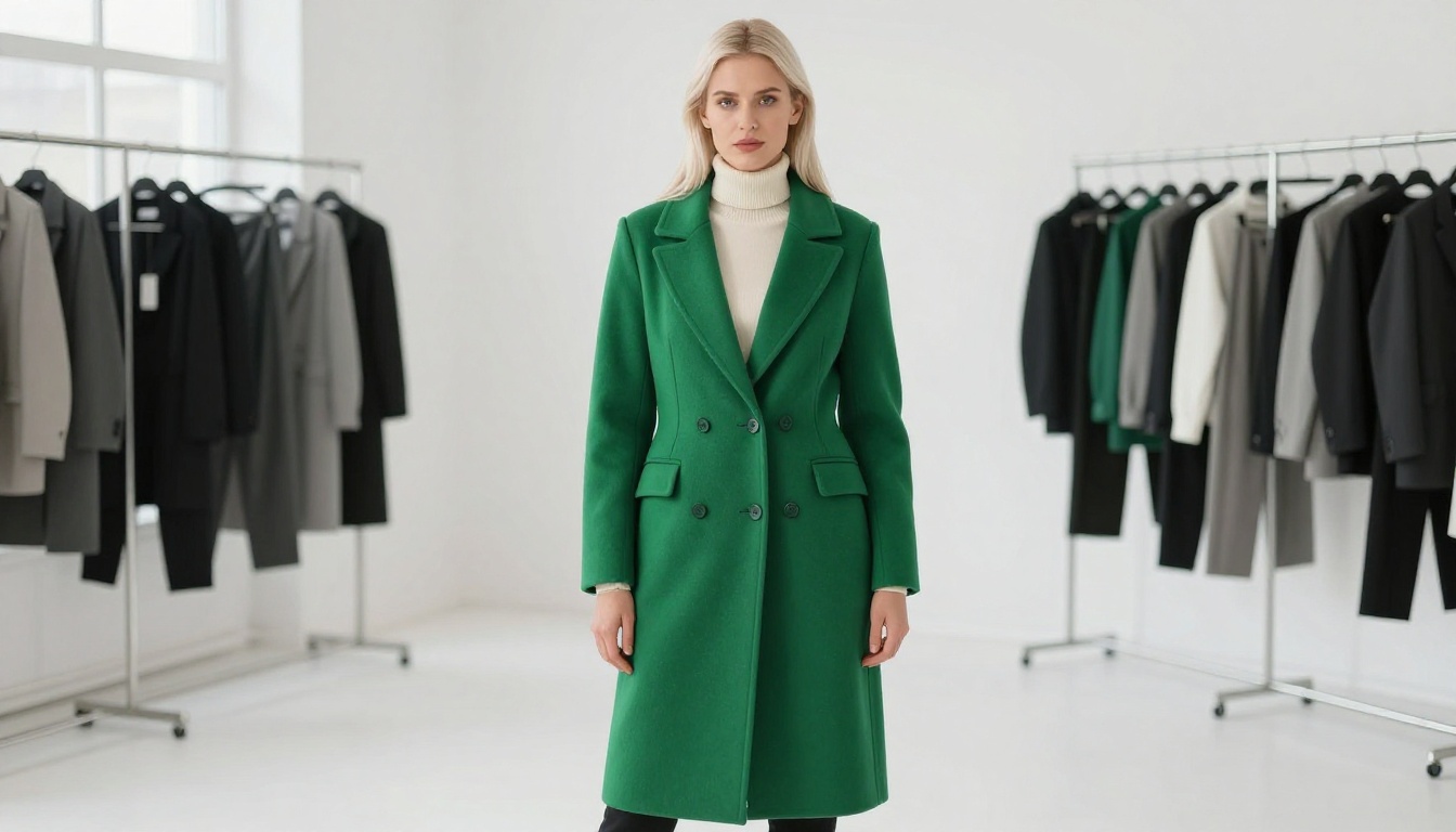 Fashion model in minimalist white showroom wearing emerald coat