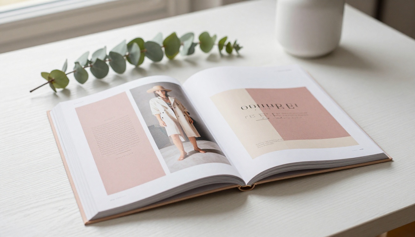 Open fashion lookbook on white oak table beside eucalyptus branches