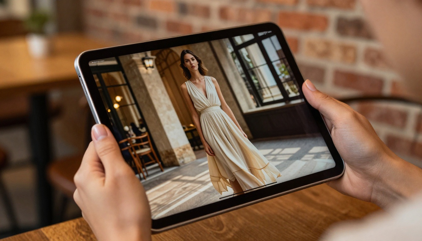 Woman's hands holding iPad displaying a digital fashion lookbook