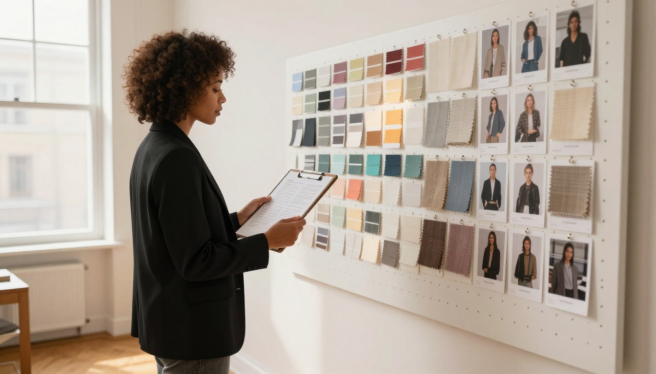 Fashion stylist examining fabric swatches pinned to a white pegboard