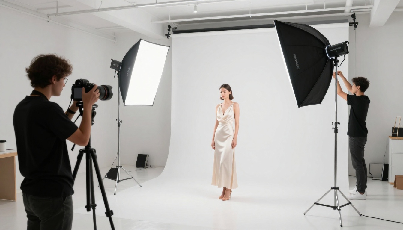 Behind-the-scenes fashion photography session in a light-flooded studio