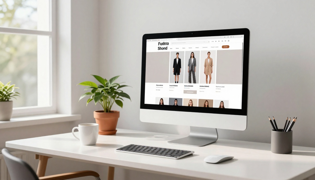 iMac screen displaying a fashion brand website with embedded flipbook