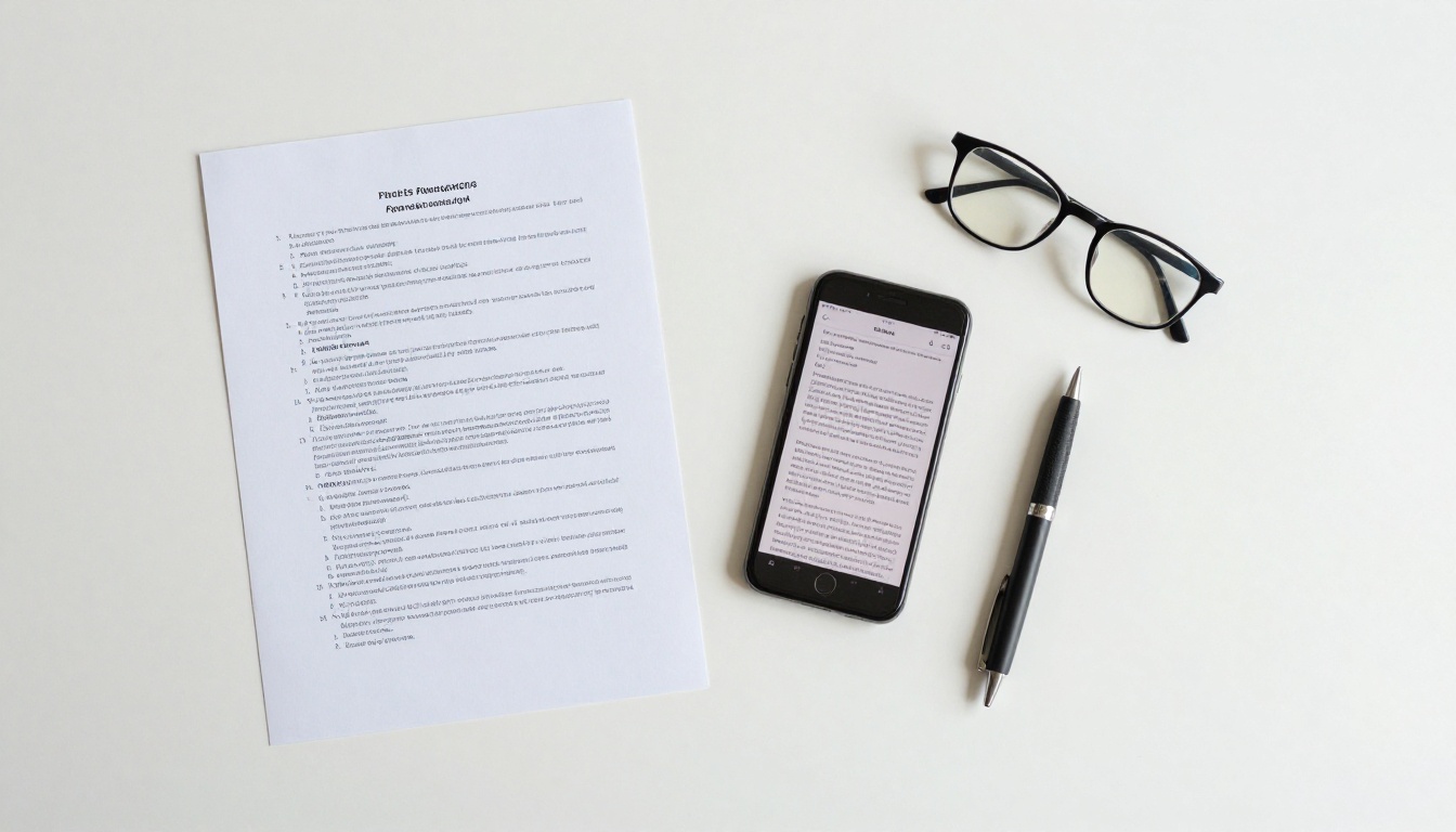 Flat-lay of documents, smartphone, and pen on white desk