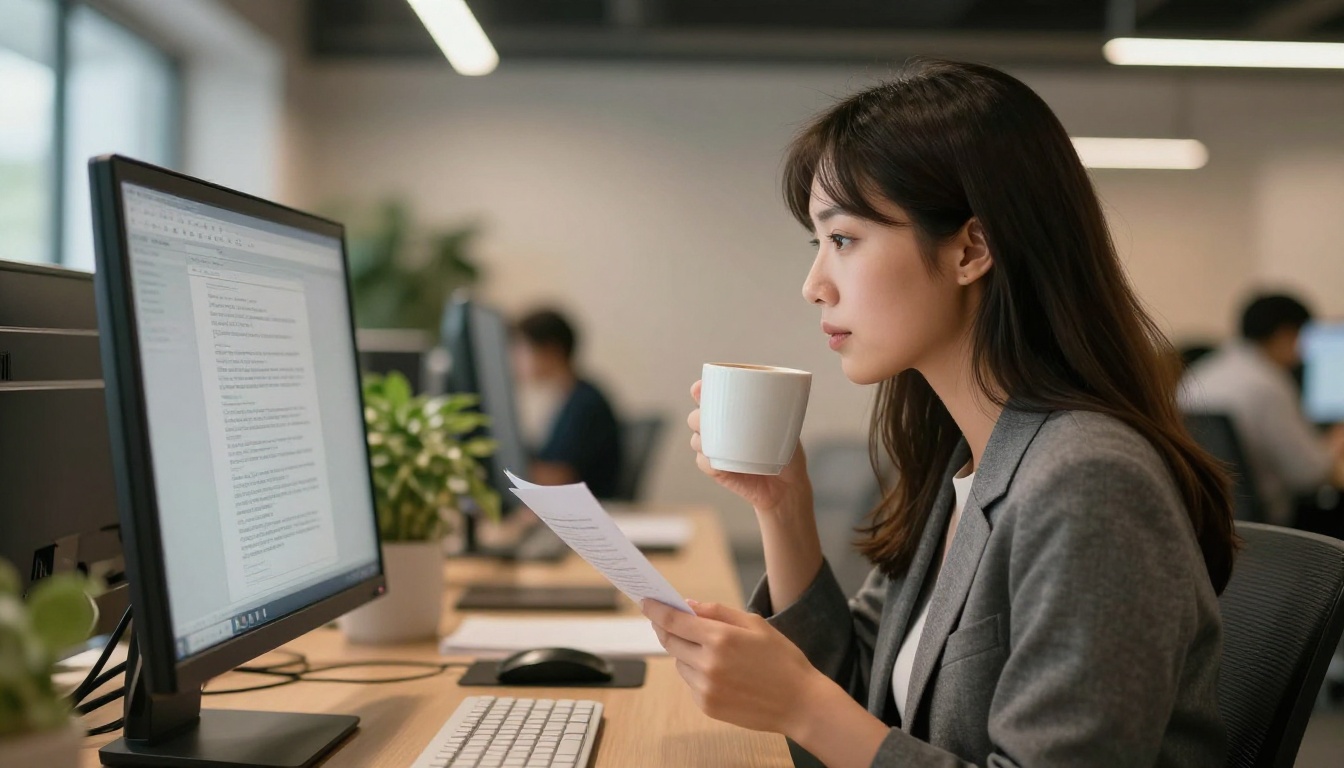 Woman reviewing document on monitor at a co-working space