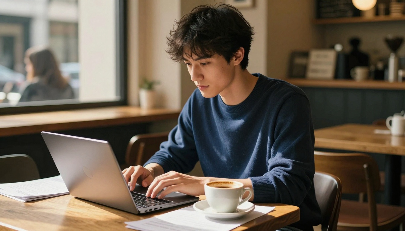 Young man working on laptop at a café with scattered printed papers