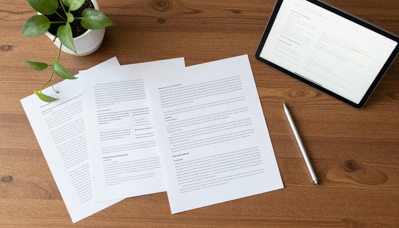 Aerial view of documents and digital publication on walnut desk