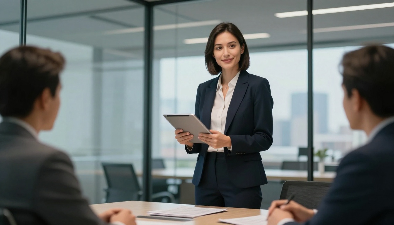 Businesswoman presenting document to colleagues in glass-walled conference room