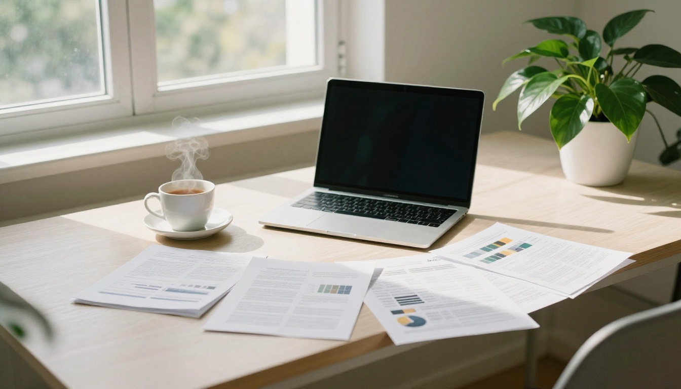 Wide shot of bright home office desk with laptop, tea, and printed pages