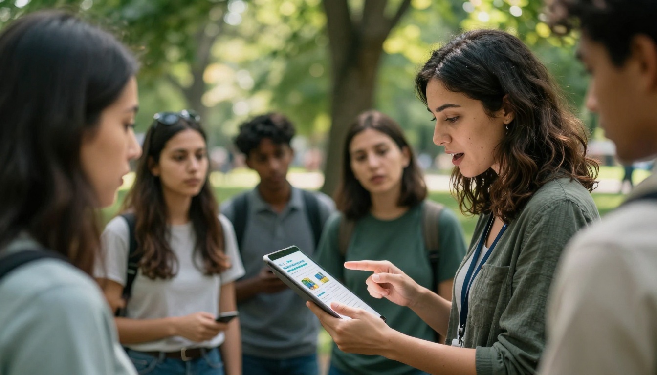 Volunteer coordinator showing digital brochure to community members in an outdoor park