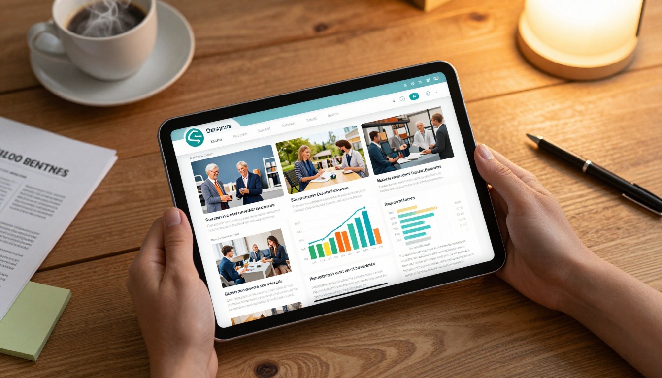 Overhead close-up of hands holding tablet with colorful nonprofit annual report on a wooden desk