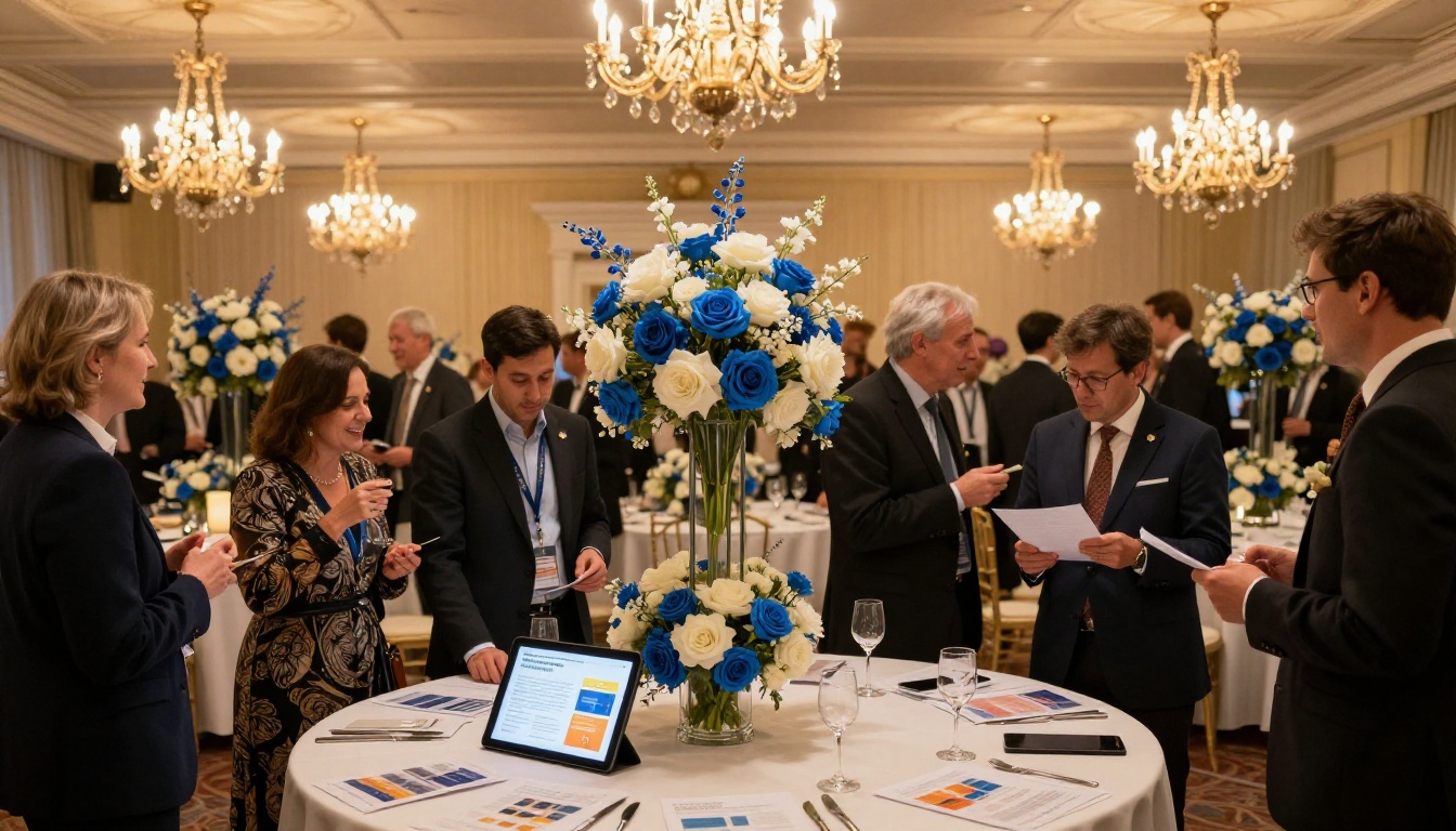 Donors at a fundraising gala reviewing digital impact materials at cocktail tables