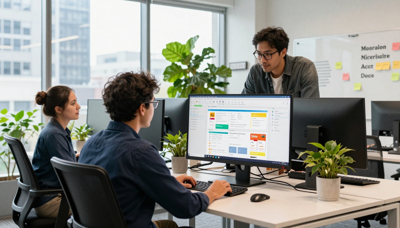 Nonprofit staff collaborating around a large monitor displaying a digital publication layout