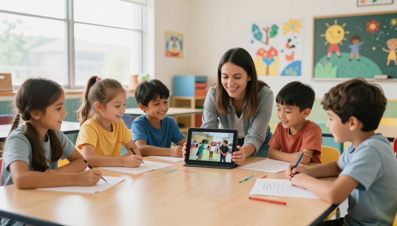 Children at a colorful community nonprofit classroom with teacher showing photos on a tablet
