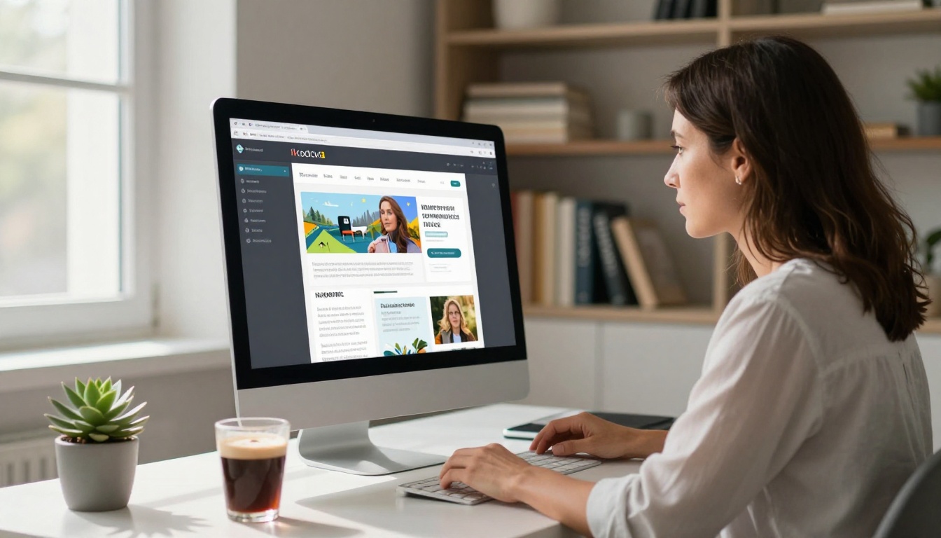 Nonprofit communications director at a home office designing a digital newsletter on an iMac