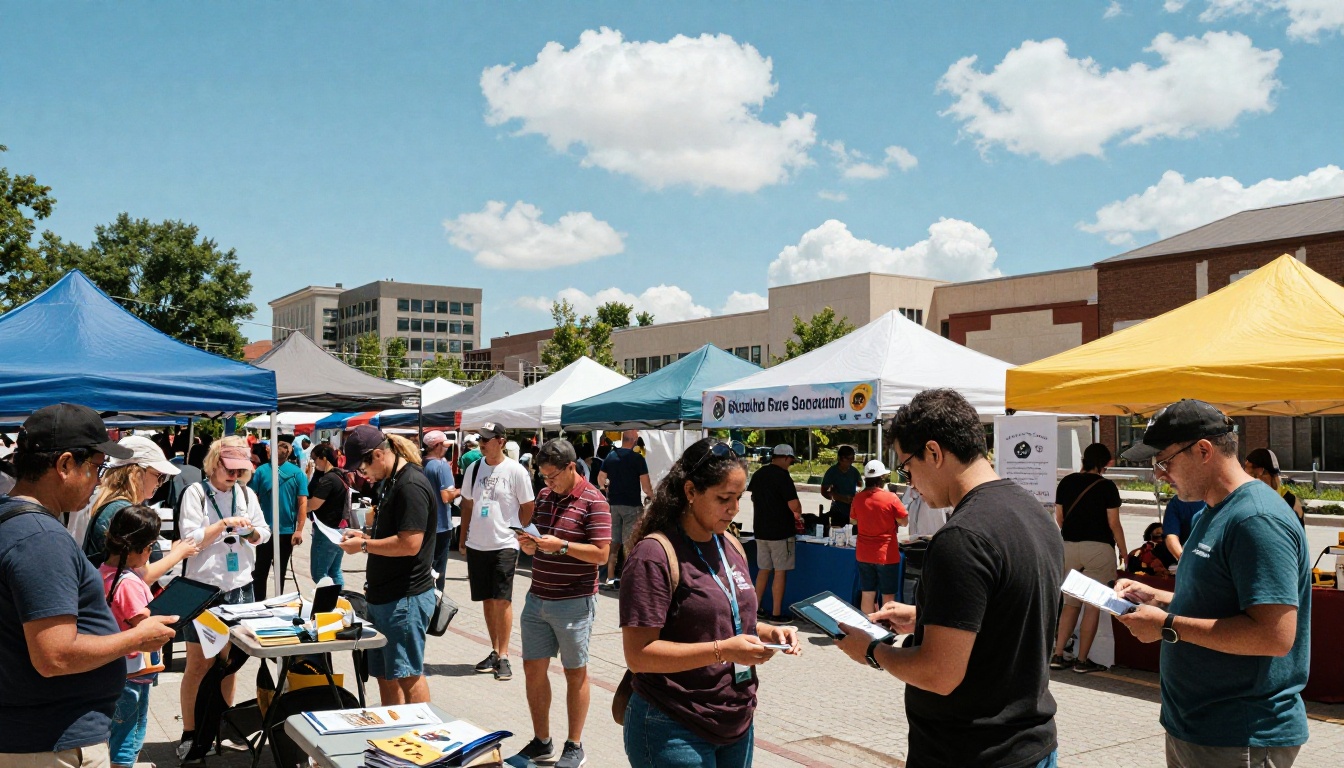 Community outreach event in an urban plaza with volunteers showing digital content on phones and tablets
