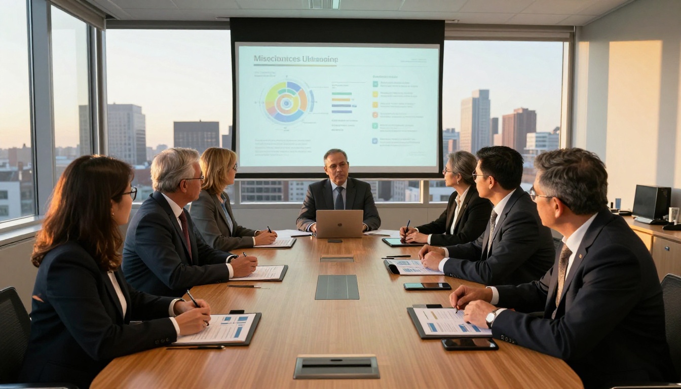 Nonprofit board meeting with executives reviewing annual reports and tablets in a conference room at golden hour