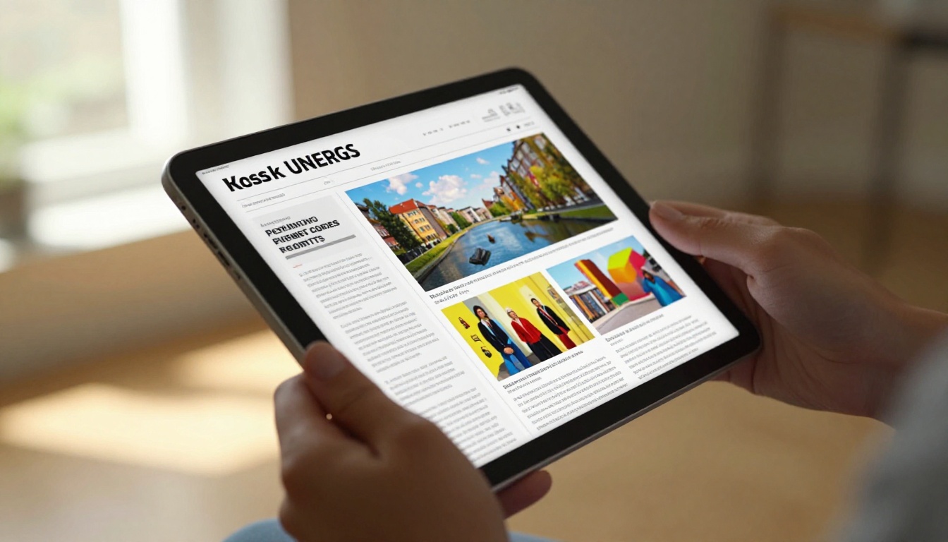 Person holding tablet showing a newsletter flipbook mid-page-turn Person holding tablet showing a newsletter flipbook mid-page-turn