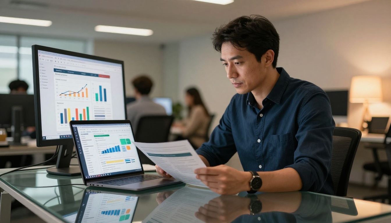 Marketing professional reviewing newsletter analytics on a curved monitor Marketing professional reviewing newsletter analytics on a curved monitor