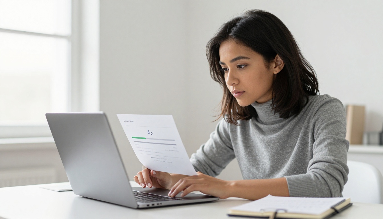 Young professional uploading a PDF newsletter to her laptop Young professional uploading a PDF newsletter to her laptop