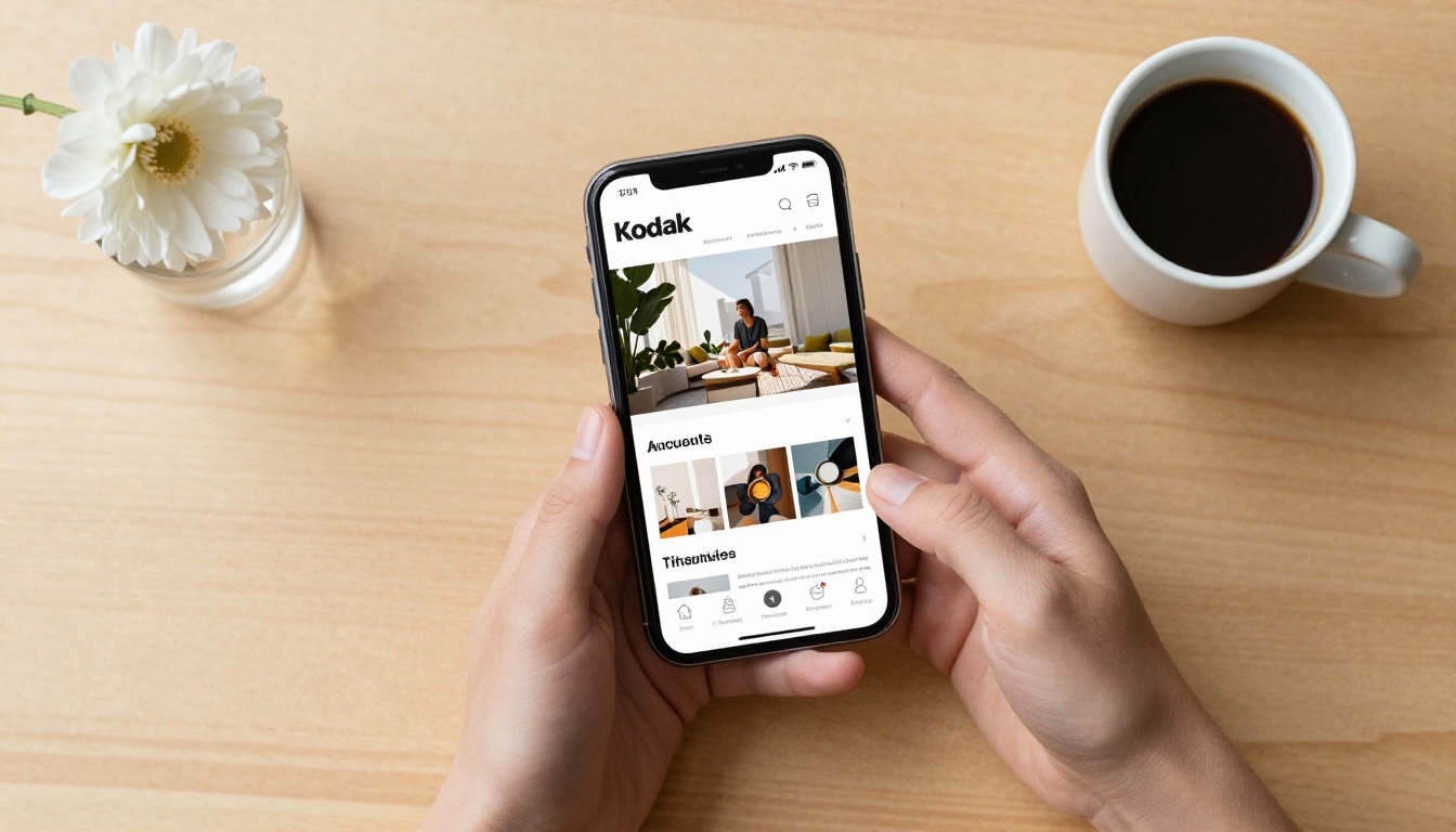 Overhead flat lay of person reading newsletter flipbook on smartphone with coffee Overhead flat lay of person reading newsletter flipbook on smartphone with coffee