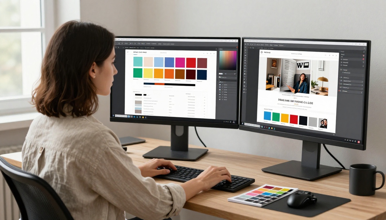 Creative designer customizing newsletter template on dual-monitor workstation Creative designer customizing newsletter template on dual-monitor workstation