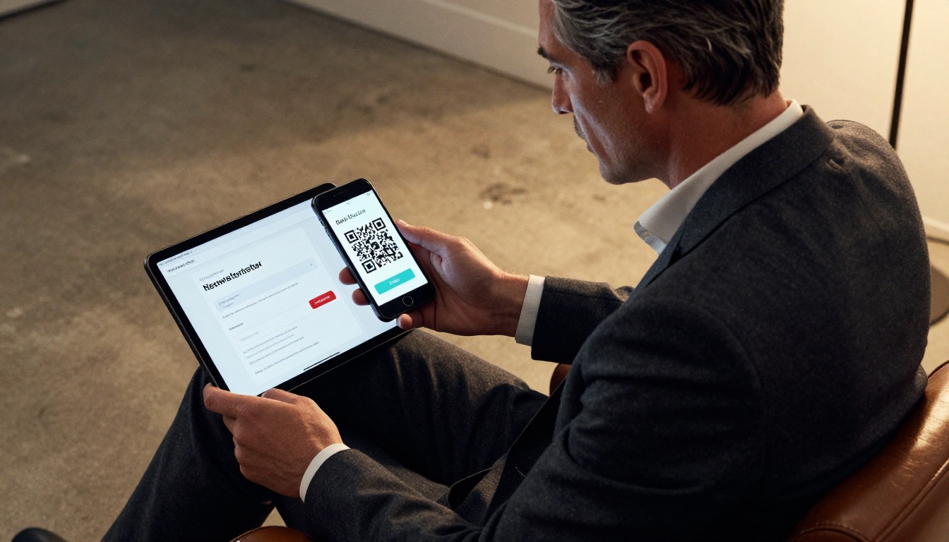 Businessman sharing a secure newsletter flipbook via QR code Businessman sharing a secure newsletter flipbook via QR code