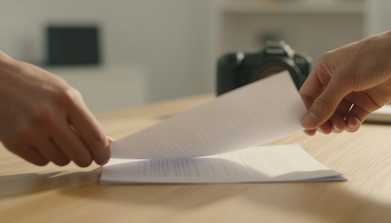 Hands mid-motion flipping through printed document pages on a light oak desk, pages caught in mid-air Hands mid-motion flipping through printed document pages on a light oak desk, pages caught in mid-air