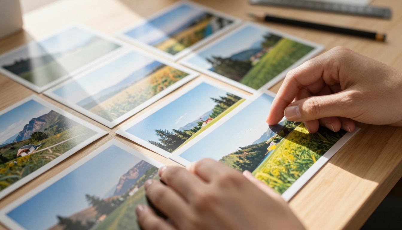 Hands carefully arranging printed portfolio photographs on a warm oak desk Hands carefully arranging printed portfolio photographs on a warm oak desk
