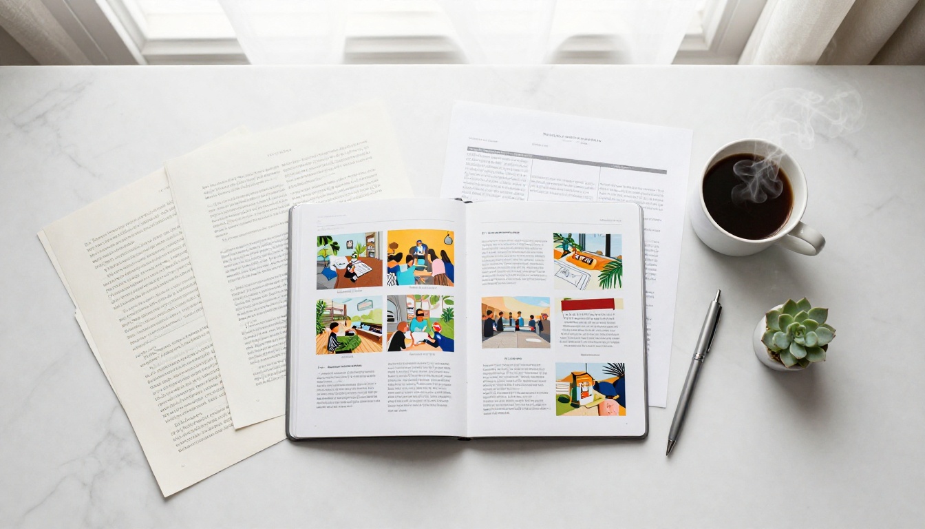Aerial overhead flat-lay of a white marble desk with printed documents, iPad showing colorful flipbook, coffee cup and succulent Aerial overhead flat-lay of a white marble desk with printed documents, iPad showing colorful flipbook, coffee cup and succulent