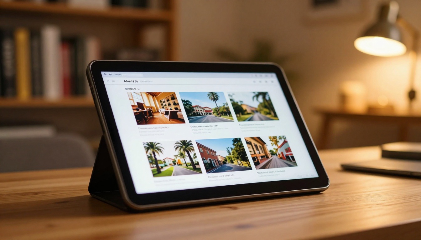 A laptop showing a digital flipbook portfolio open on a desk in a warm creative studio A laptop showing a digital flipbook portfolio open on a desk in a warm creative studio