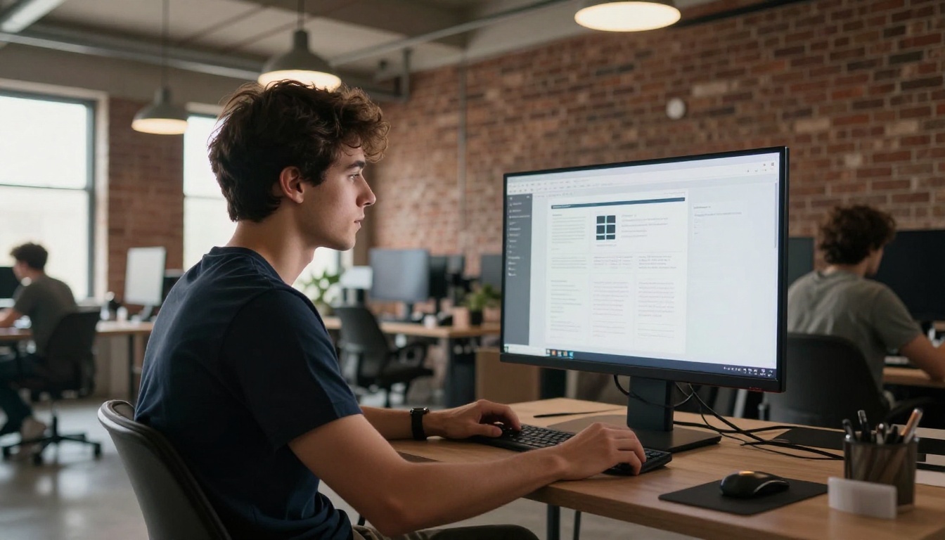 A graphic designer reviewing portfolio work on a large widescreen monitor in a creative agency A graphic designer reviewing portfolio work on a large widescreen monitor in a creative agency